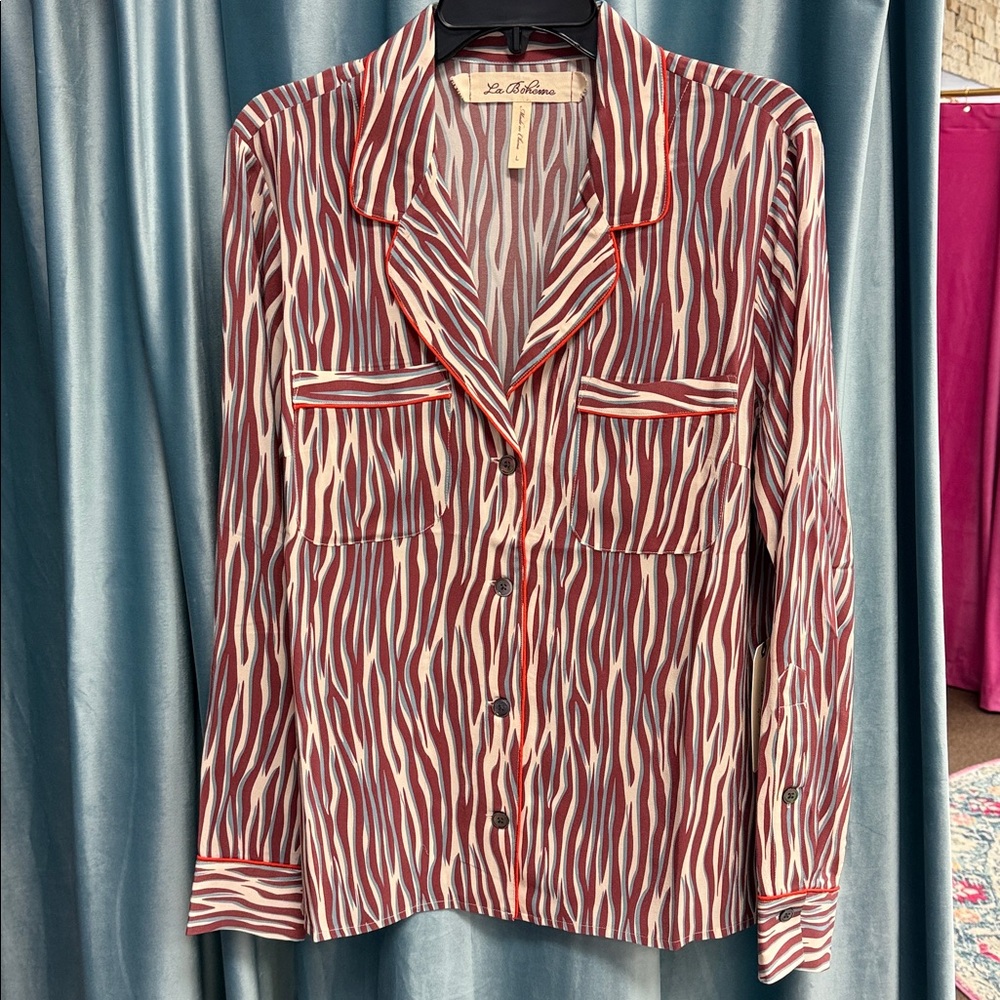 La Boheme Georgie silk shirt in Burgundy cream  Zebra Love print NWT